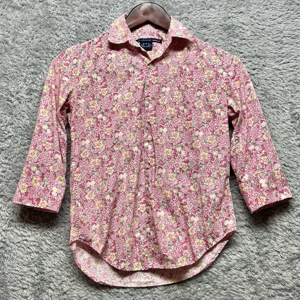 Ralph Lauren Sport Top Girls XS Pink Floral Long Sleeve Button Up Slim Preppy